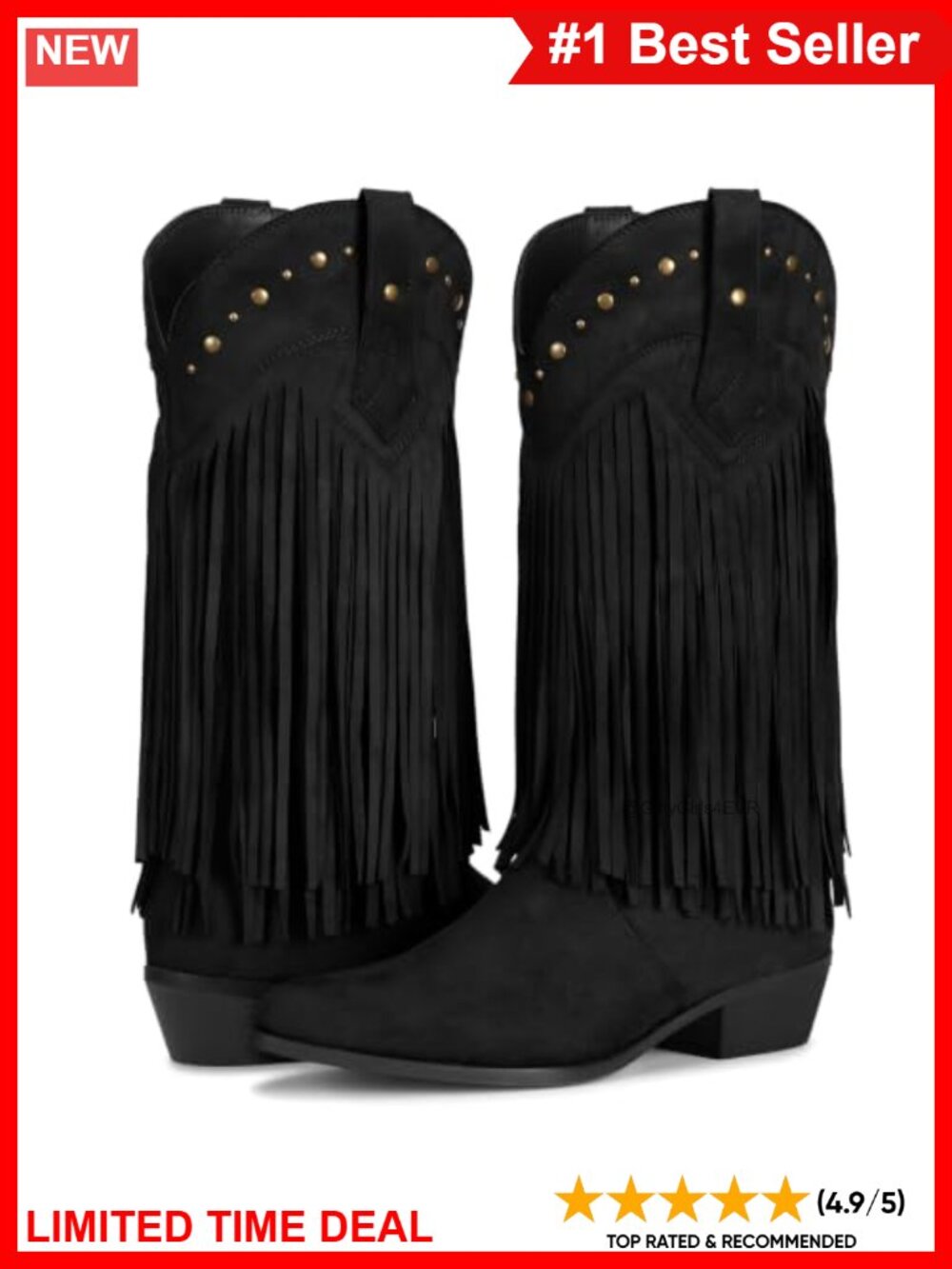 Faux Suede Fringe Cowboy Boots Mid Calf Chunky Heel Western
